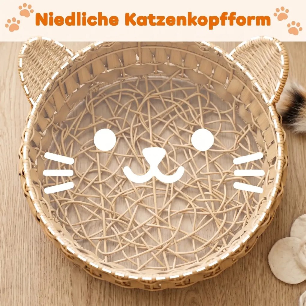 PawHut Rattan macskafekhely, macskabarlang levehető párnával, macskakosár 10 kg-ig, világosbarna