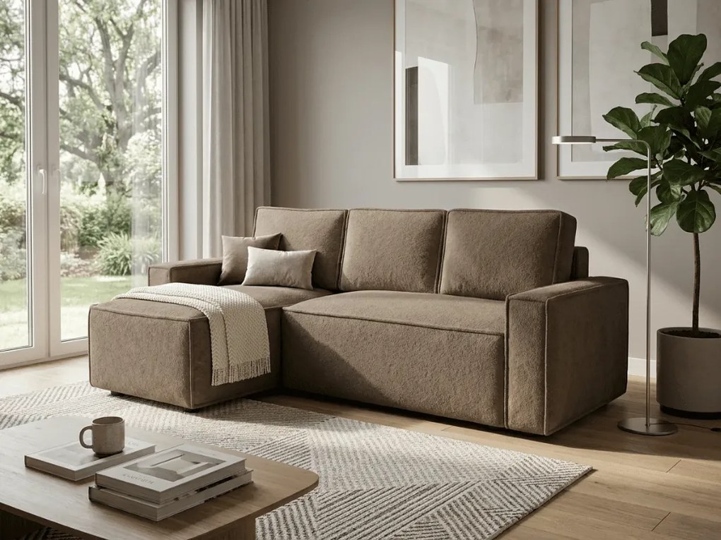 SMART BOUCLE L alakú kihúzható, megfordítható sarokkanapé 232x143 cm, sötétbézs