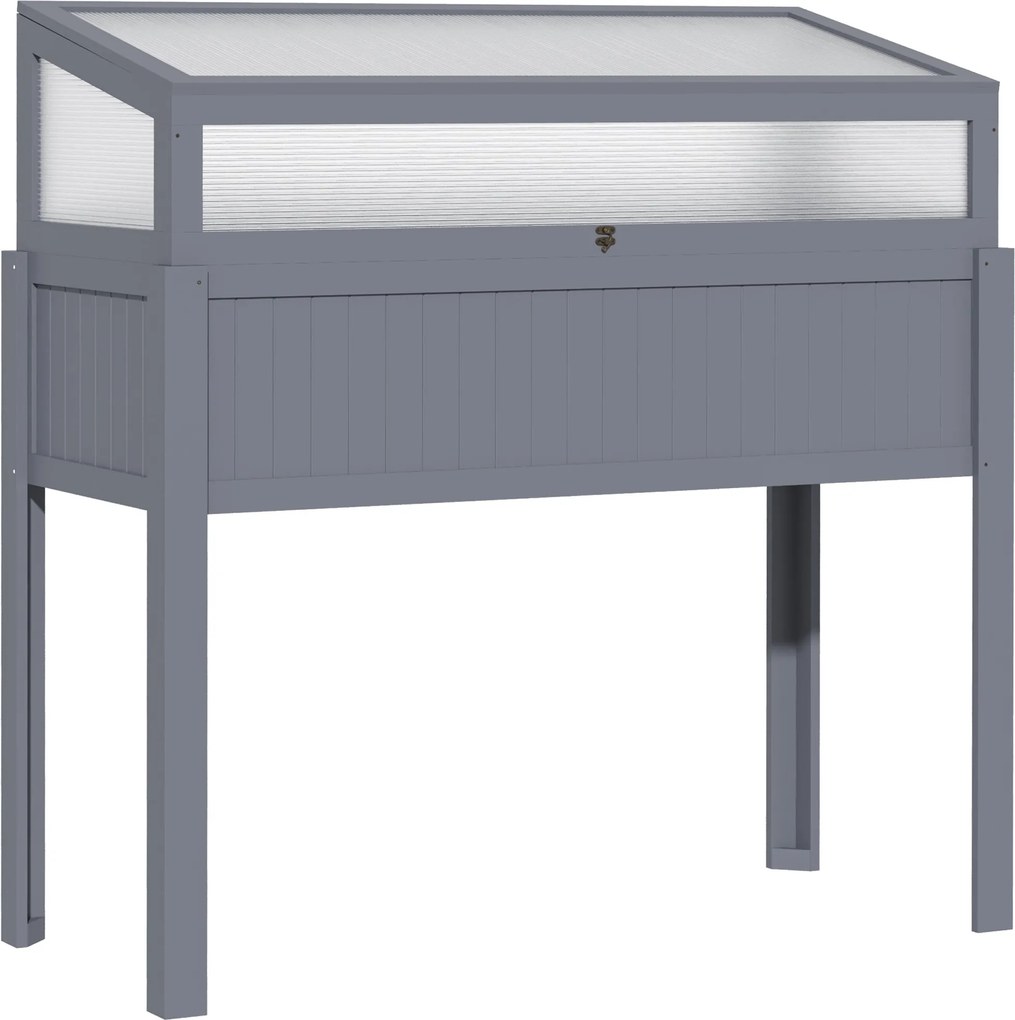 Outsunny Emelt Kerti Ágy Fa Hideg Átmenettel 2 az 1-ben Üvegház Paradicsomház Zöldségágy Fűszerágy Teraszra és Kertbe Polykarbonát Szürke 120 x 54 x 1