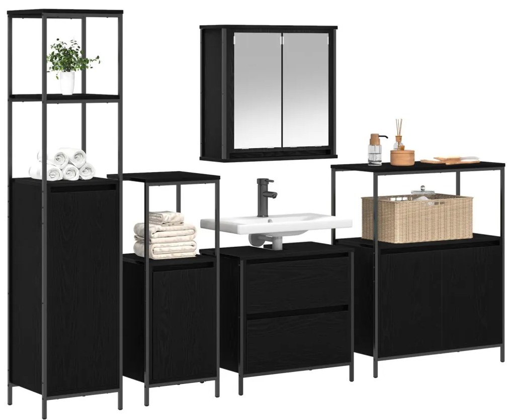 vidaXL Fürdőszoba bútor szett 5 pcs Fekete 76.5 x 35 x 95 cm Faanyag