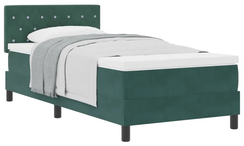 Boxspring Ágy Matraccal Sötétzöld Egyszemélyes Bársonyos