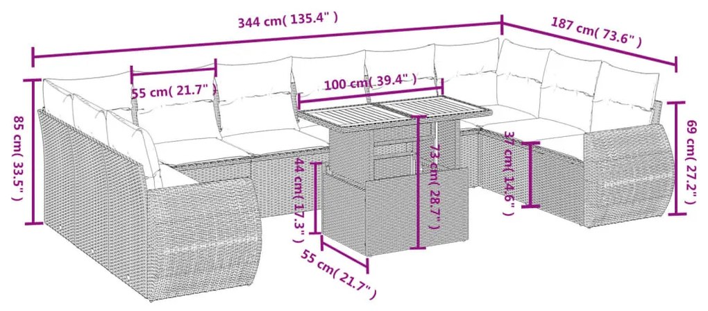 11 részes fekete polyrattan kerti ülőgarnitúra párnákkal