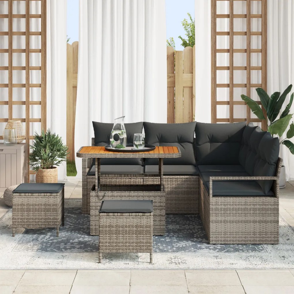 8 részes Kerti Kanapé Szett Párnákkal Szürke Poly Rattan Akácia
