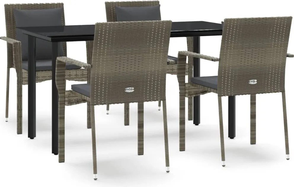 vidaXL 5 részes fekete és szürke polyrattan kerti étkezőszett párnával