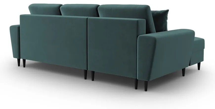 Petróleum színű bársony kinyitható tárolóhelyes sarokkanapé (bal oldali-heverő résszel) Kyoto – Cosmopolitan Design