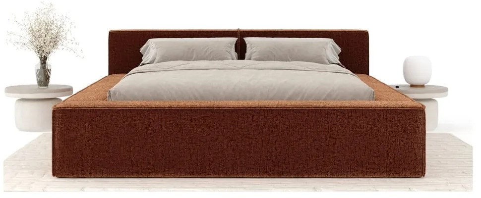 Narancssárga kárpitozott ágyneműtartós franciaágy ágyráccsal 200x200 cm Voliera – Maison de Rêve