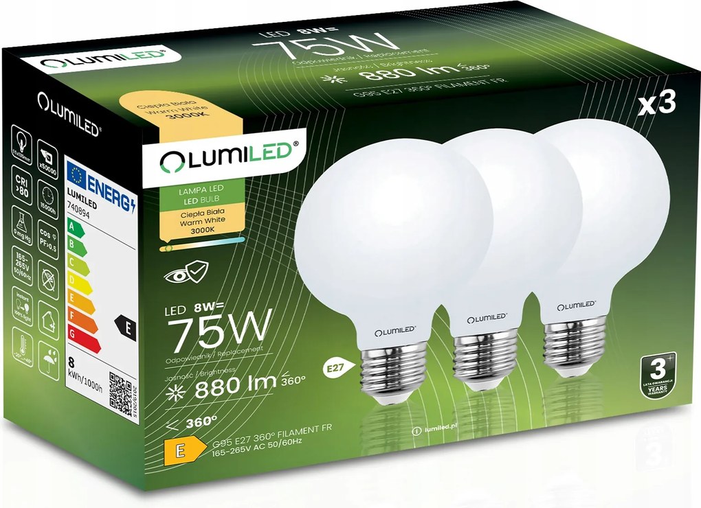 3x Led izzó E27 G95 Tejszínű Matt 8W 75W Globe Dekoratív Nagy Lumiled