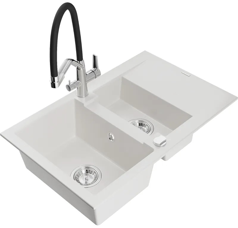 Mexen Gaspar 1,5 kamrás gránit mosogató csepegtetővel és Duo konyhai csapteleppel, fehér - 6507-20-671701-07