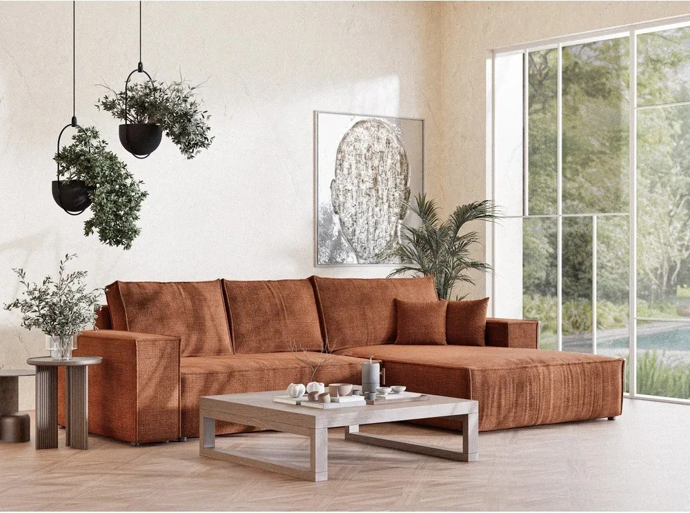 Rézszínű zsenília kinyitható-tárolóhelyes sarokkanapé (jobb oldali-heverő résszel) Maze – Maison de Rêve