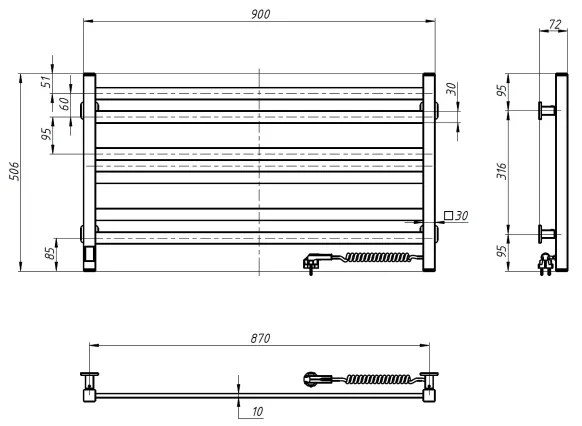 AVANGARD fürdőszobai létra törölközőszárító radiátor termosztáttal 316W/230V 50,6 cm IP44 fehér jobb oldali