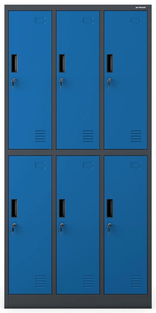 Fémöltözőszekrény – IGOR 6 ajtós szekrény, 900 x 1850 x 450 mm, antracit-kék