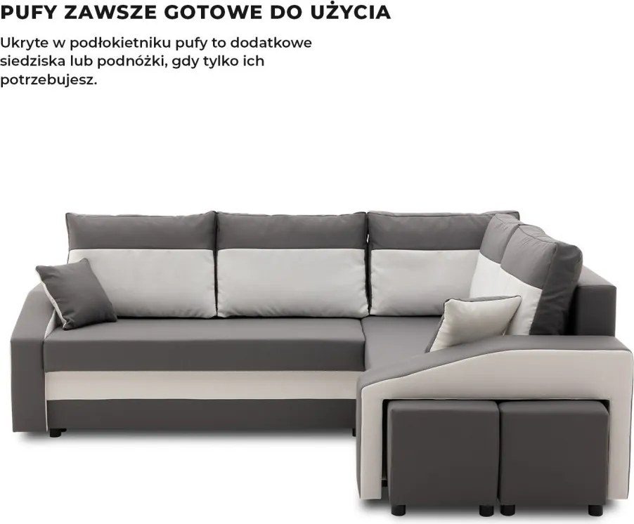 Grande sarokkanapé polcokkal és puffokkal , polc a bal karfaban puffok a jobb karfaban, jobboldali, szövet anyag, bonell töltet, szürke - fehér