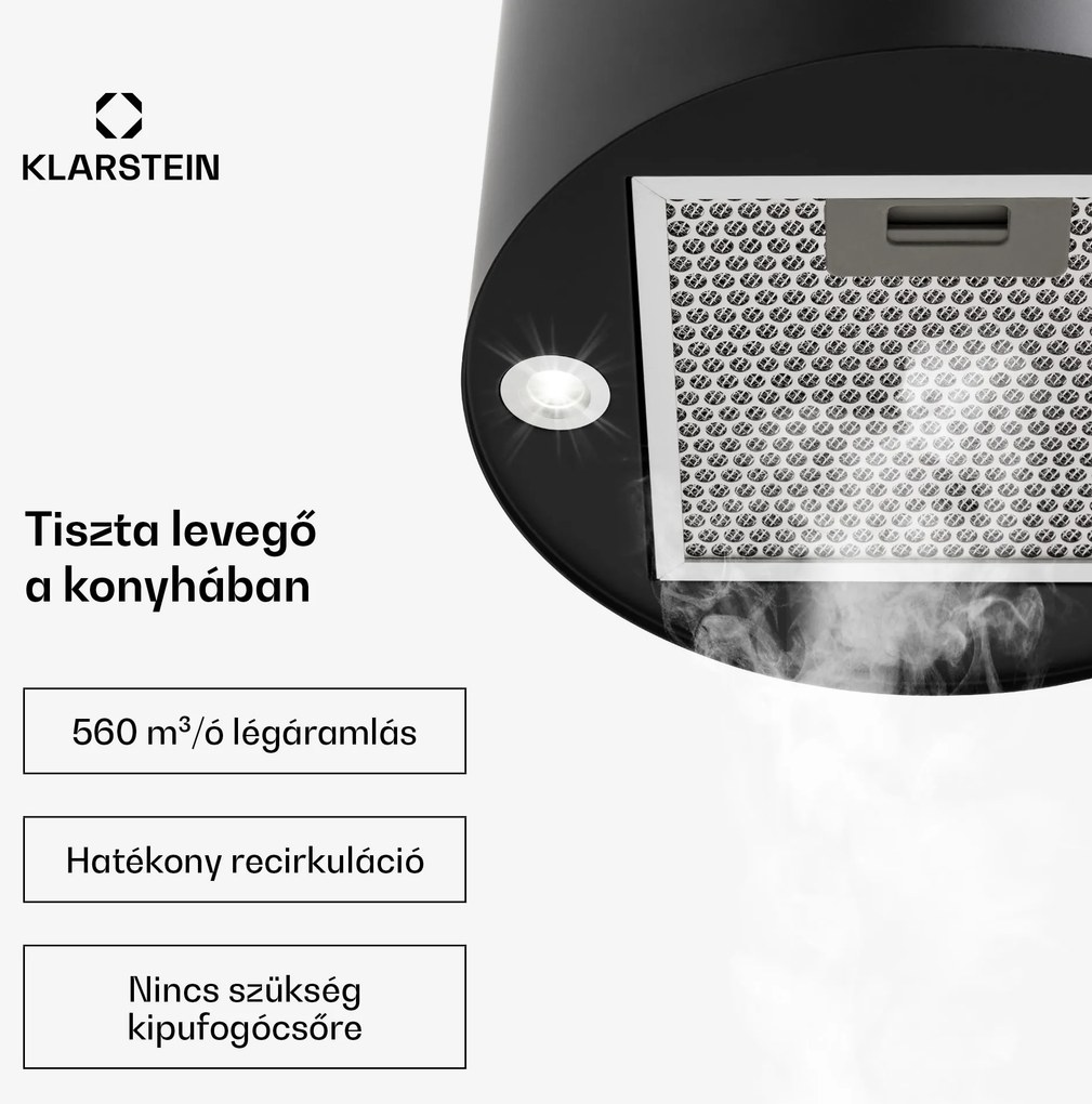 Klarstein Barett, sziget páraelszívó, Ø 35 cm, légkeringetés, 522 m³/ó, LED, aktívszén szűrő, fekete
