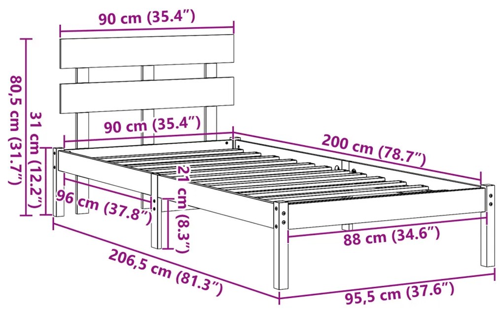 Ágykeret Fejtámlával Fehér 90x200 cm Tömör Fa Fenyő
