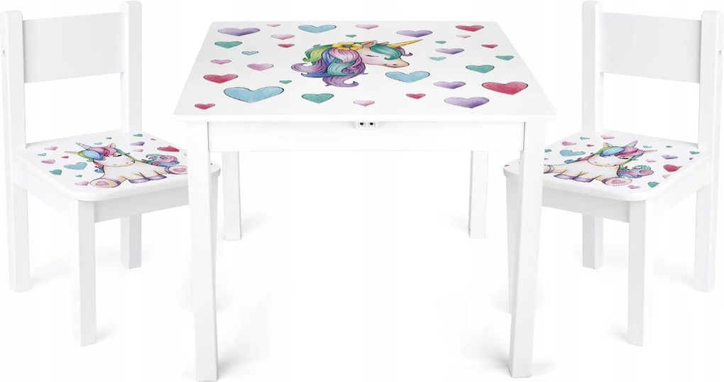 Gyerek asztal székekkel, háttámlával, Unikornis Mdf 60x60x42 cm
