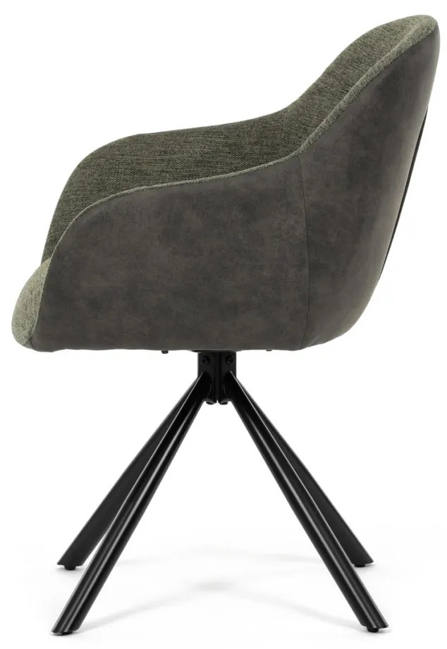 Scaun de sufragerie pivotant, țesătură verde și țesătură gri închis, cu decor vintage din piele, metal negru, rotativ P90°+ L90° cu mecanism de retragere