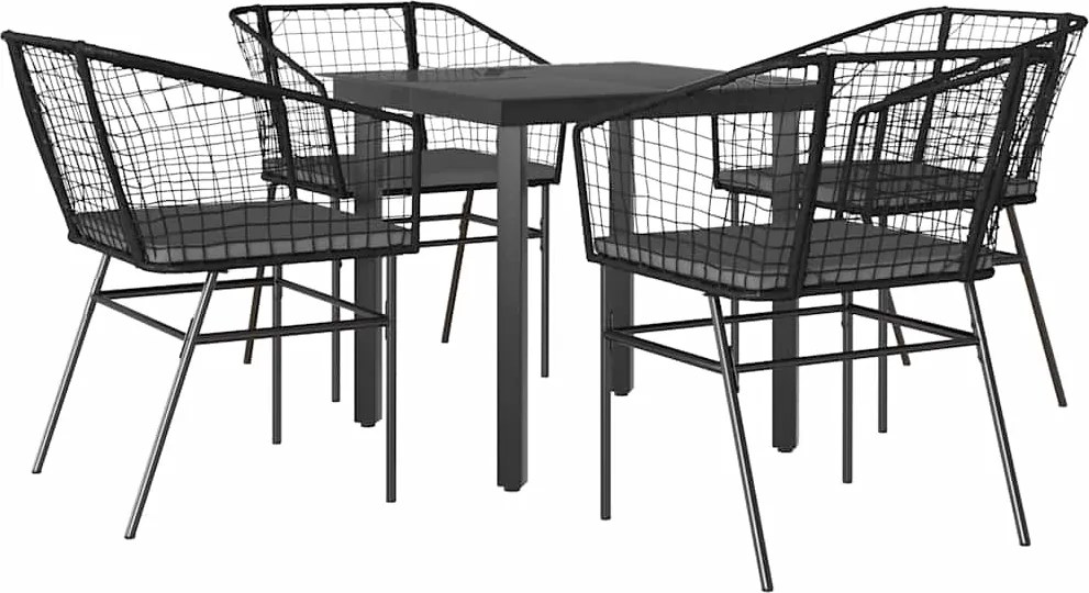 vidaXL 5 részes fekete polyrattan üveg kerti étkezőgarnitúra párnákkal