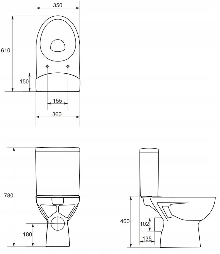 Cersanit Parva, kombi WC vízszintes lefolyóval, oldalsó vízbevezetéssel és öblítéssel 3 / 6L + doruplast antibakteriális ülőke lassú zárással, fehér,…