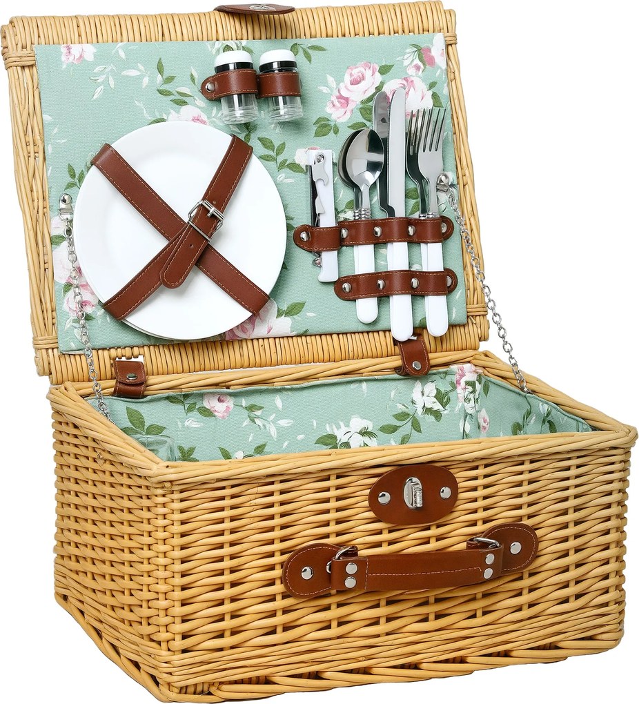 Outsunny Rattan Piknik Kosár 2 Személyre Fogantyúval, Tányérokkal, Poharakkal, Dugóhúzóval, Szalvétákkal és Evőeszközökkel, 40x30x20 cm, Világos Barna
