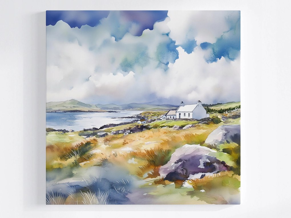 Vászonkép Canvas Akvarell Tengerpart Házikó Tenger Írország 80x80