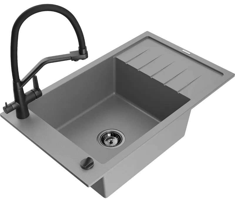 Mexen Elias egykamrás gránit mosogató lefolyóval és konyhai Duo csappal, szürke - 6511-71-671701-70-B