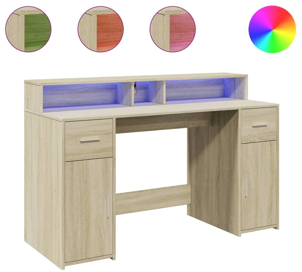 sonoma tölgy színű szerelt fa íróasztal LED-ekkel 140x55x91 cm