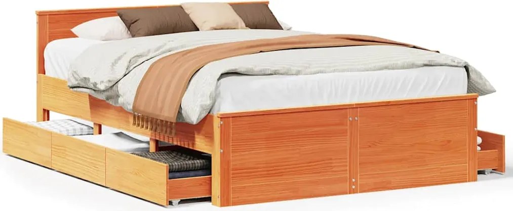 vidaXL barna tömör fenyőfa fejtámlás ágykeret matrac nélkül 140x190 cm
