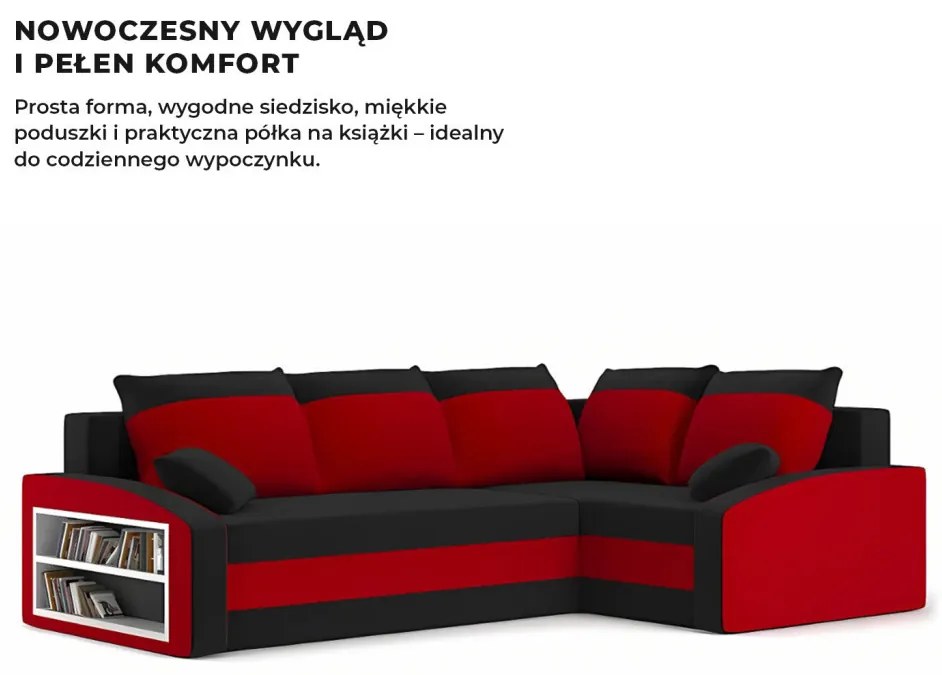 Grande sarokkanapé polcokkal , polc a bal karfaban, jobboldali, szövet anyag, hab töltet, fekete - piros