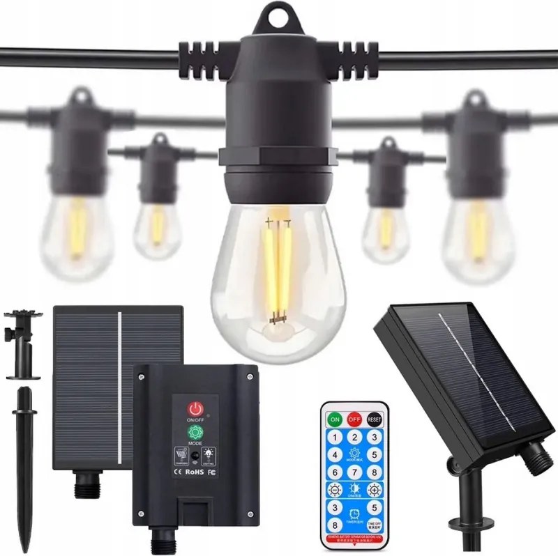 Kerti Füzér Napelemes Led Lámpa Lánc 10M Távirányító 10x E27 Led Izzó