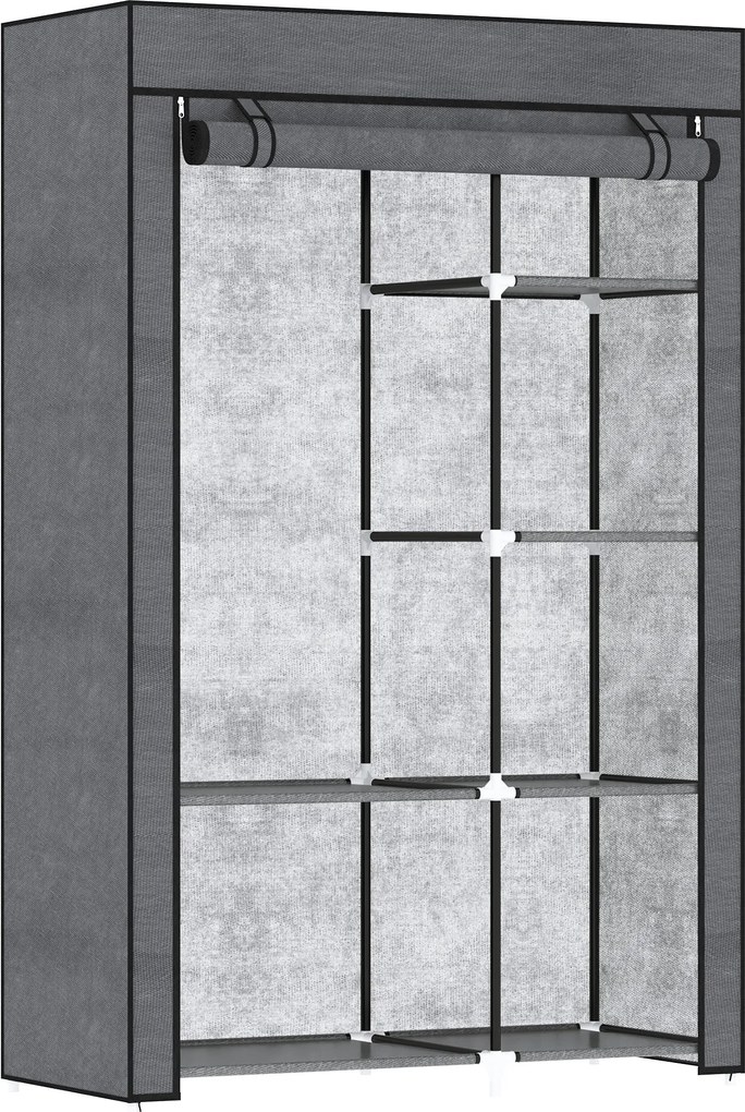 HOMCOM Textil Szekrény 6 Polccal, Ruhafogas, Cipzáros Szekrény Öltözőbe, Hálószobába, 103 x 43 x 162,5 cm, Sötétszürke | Aosom