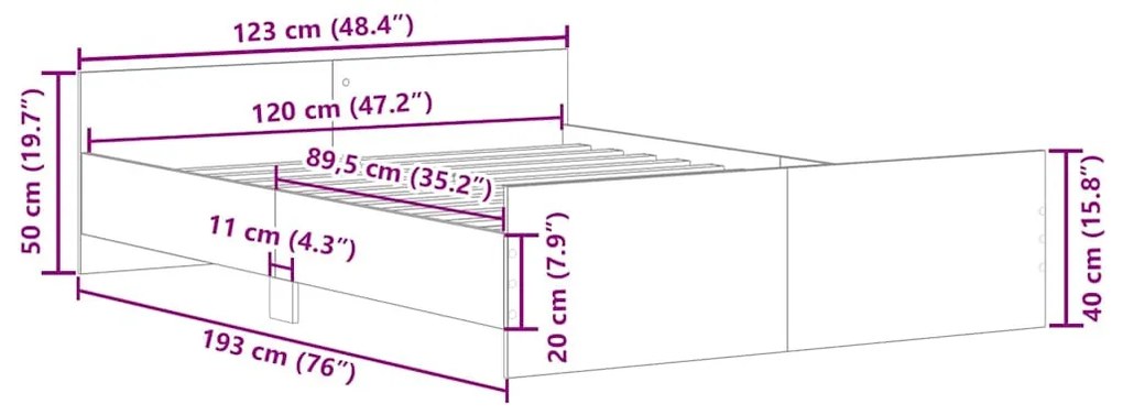 füstös tölgy színű ágykeret fej- és lábtámlával 120 x 190 cm