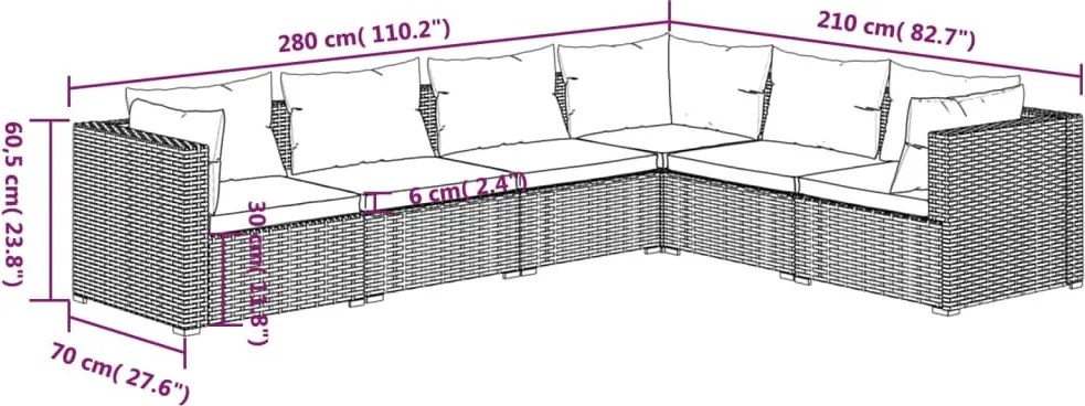6 részes fekete polyrattan kerti ülőgarnitúra párnákkal