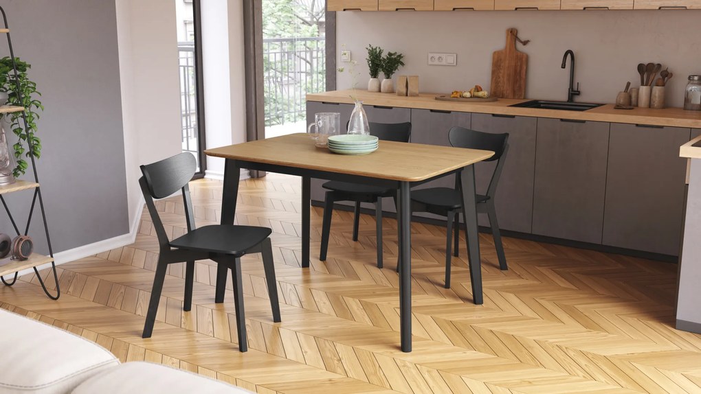 MAZZONI EXPORT ROXY Természetes Tölgyfa/fekete asztalkeret - RETRO TÉGLALAP 120x80 cm ALAKÚ FA ASZTAL KONYHÁBA/ÉTKEZŐBE