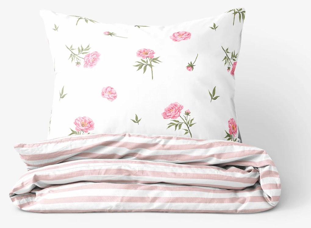 Goldea pamut ágyneműhuzat - pünkösdi rózsamintás, púderrózsaszín csíkos hátoldal 240 x 220 és 2db 70 x 90 cm