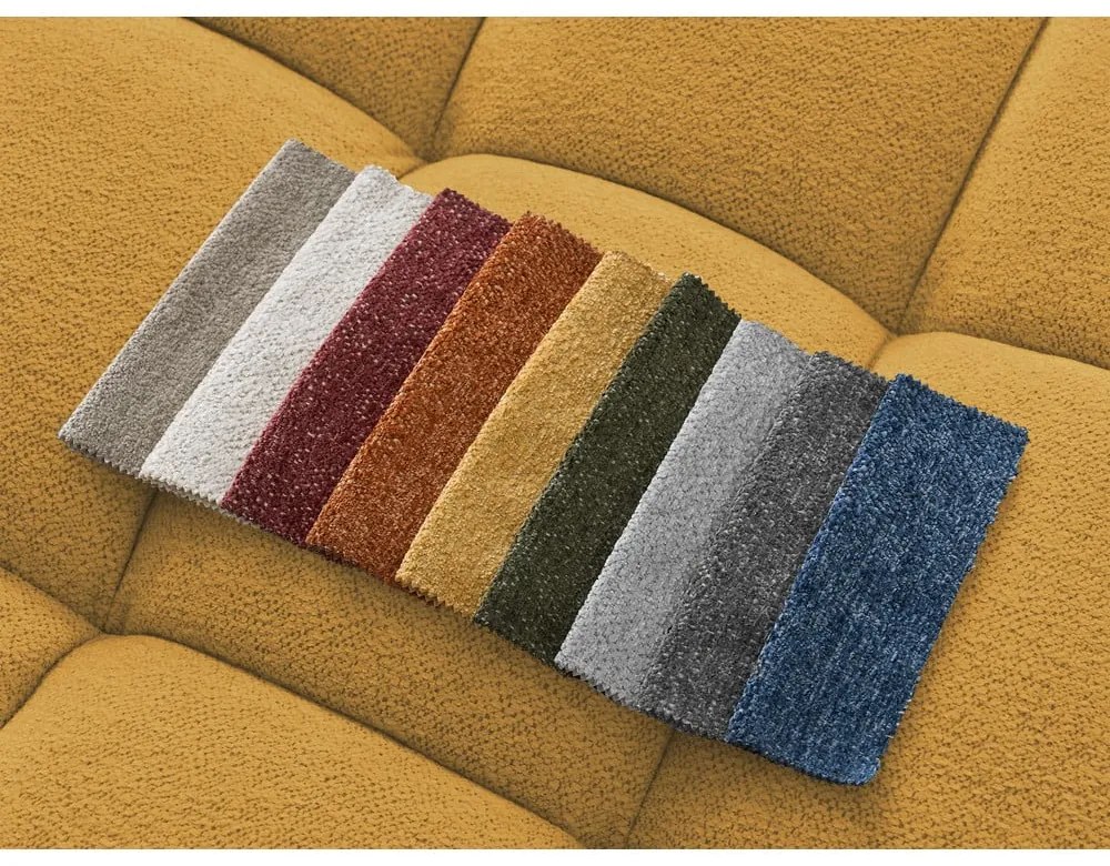 Mustársárga zsenília kinyitható-tárolóhelyes sarokkanapé (bal oldali-heverő résszel) Everest – Bobochic Paris