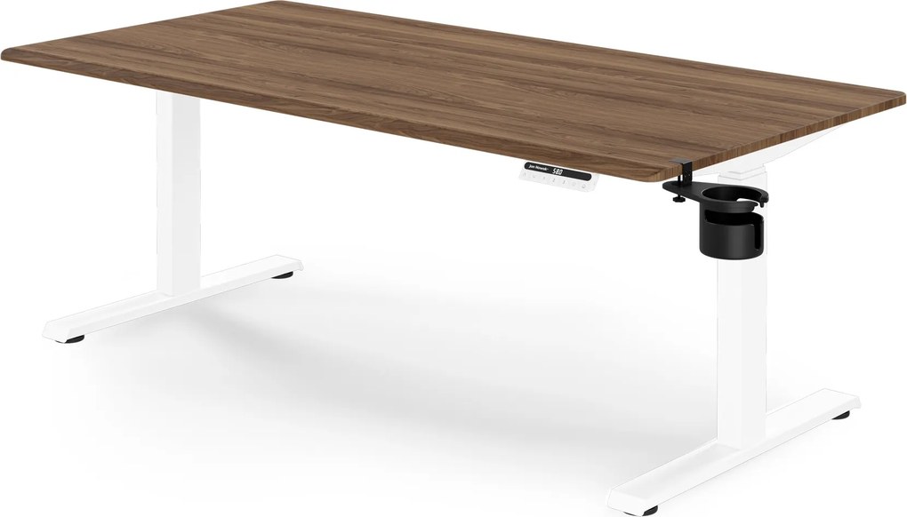 Elektromos, állítható magasságú, ergonomikus, fehér/dió íróasztal,1600x800 mm: ARIA