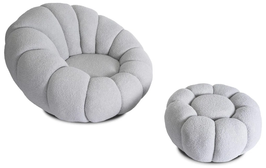 Designer Fotel Lábtartóval Szürke Bouclé Szövettel. PETTIT