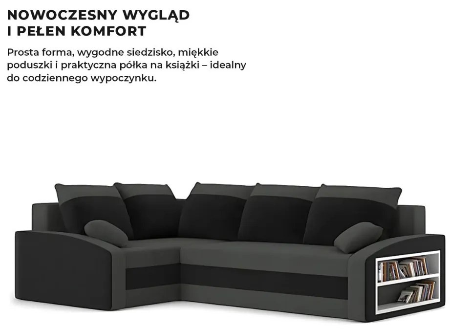 Grande sarokkanapé polcokkal , polc a jobb karfaban, baloldali, szövet anyag, hab töltet, szürke - fekete