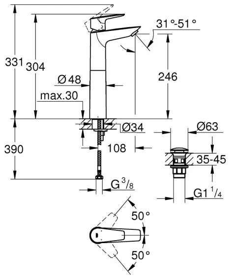 GROHE 23777001 - START EDGE XL méretű mosdócsaptelep, fényes króm