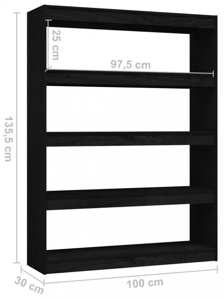 fekete tömör fenyőfa könyvszekrény/térelválasztó 100 x 30 x 135,5 cm