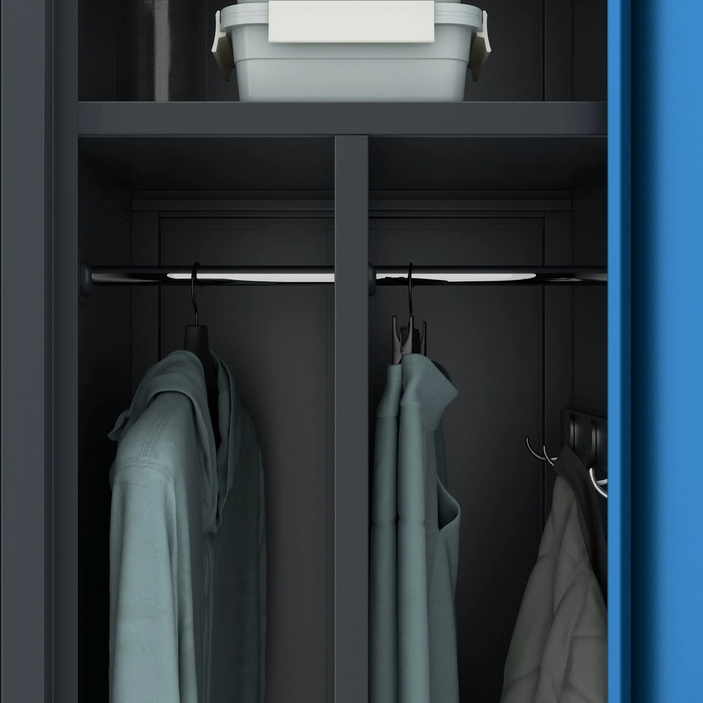 Pléh öltözőszekrény talpazaton, kétmodulos, polccal és köztes fallal KACPER, 800 x 1800 x 500 mm, antracit-kék