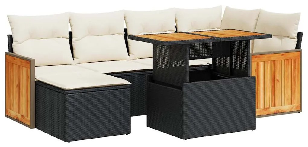 7 részes fekete polyrattan akácfa kerti ülőgarnitúra párnával