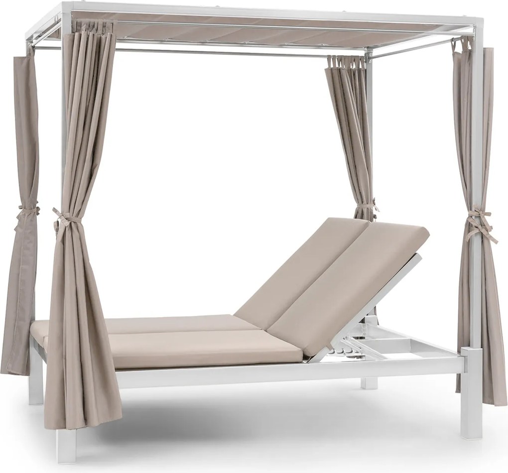 Blumfeldt Eremitage Double Sunbed, kétszemélyes napozóágy, acélkeret függyönyök krémszínű, napellenző tető, krém