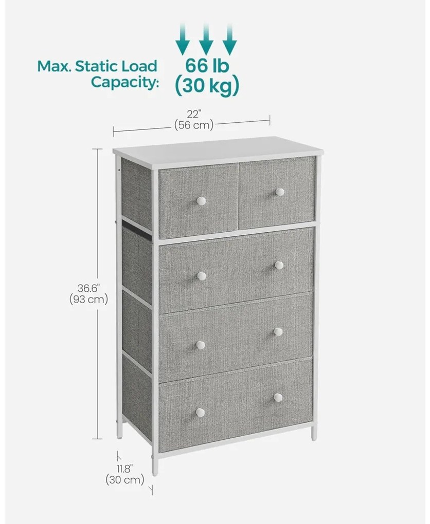Tároló szekrény öt fiókkal, ruhás szekrény, fehér és világosszürke 30x56x93cm