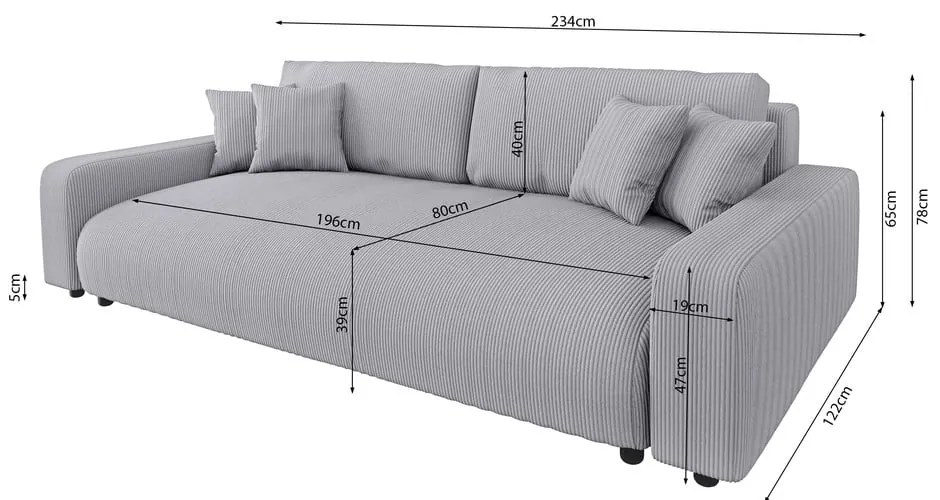 Világosszürke kordbársony kinyitható tárolóhelyes kanapé 234 cm Sara – Ropez