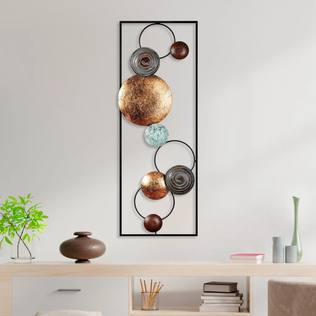 Fém fali dekoráció, circles, arany-kék 90x32 cm