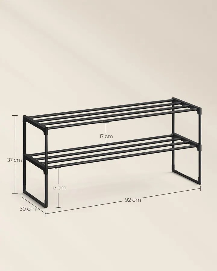 2-szintes cipőtartó, rakásolható fém állvány 8-10 pár cipőhöz, fekete