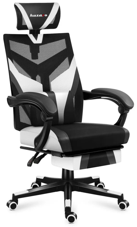Gamer szék ergonomikus lábtartóval, fekvőtámasz , fekete-fehér.