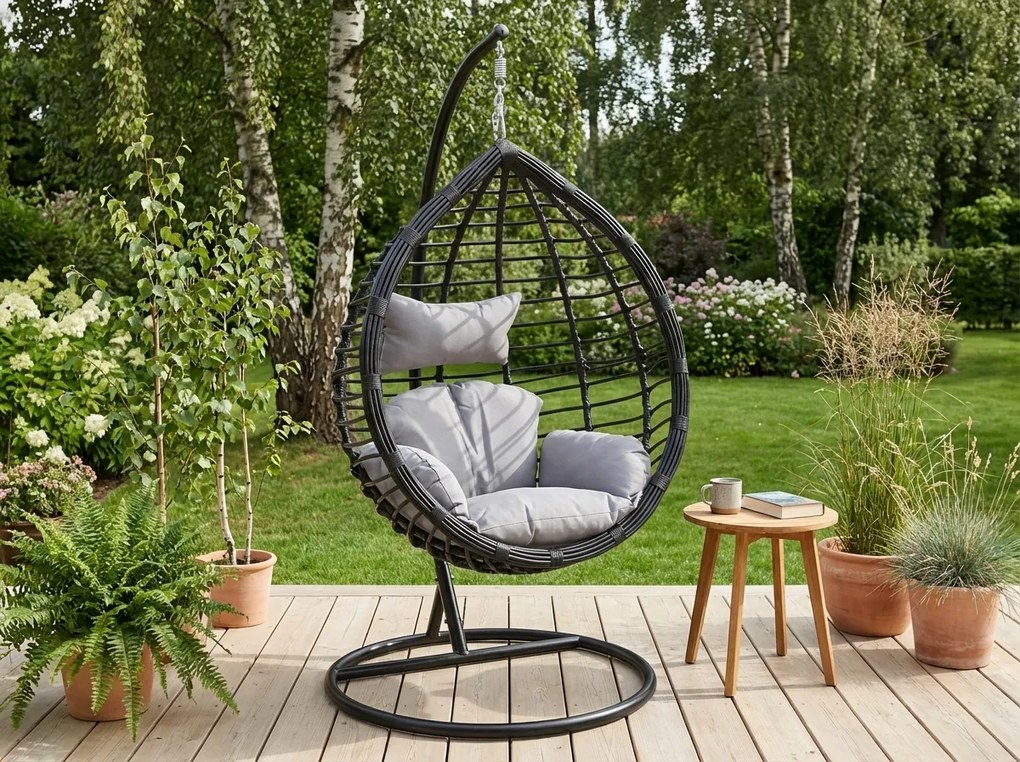 Függőszék TARINO állvánnyal, fekete/szürke párna