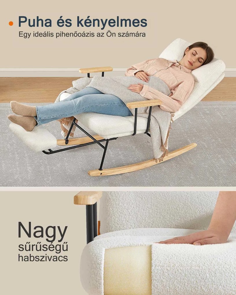 Hintaszék fa lábakkal, plüss szövettel, 4 fokozatban állítható háttámlával, fehér